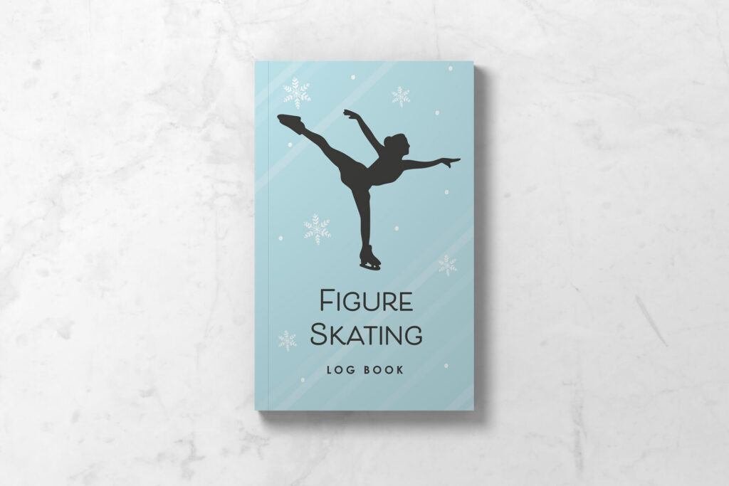 Front cover of Figure Skating Logbook with blue background, snowflakes, and a figure skater silhouette.