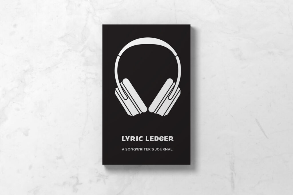 Front cover of Lyric Ledger Songwriters Journal,with black background and white headphones.