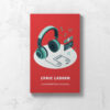 Front cover of Lyric Ledger Songwriter's Journal with red background, aqua headphones, and music notes.