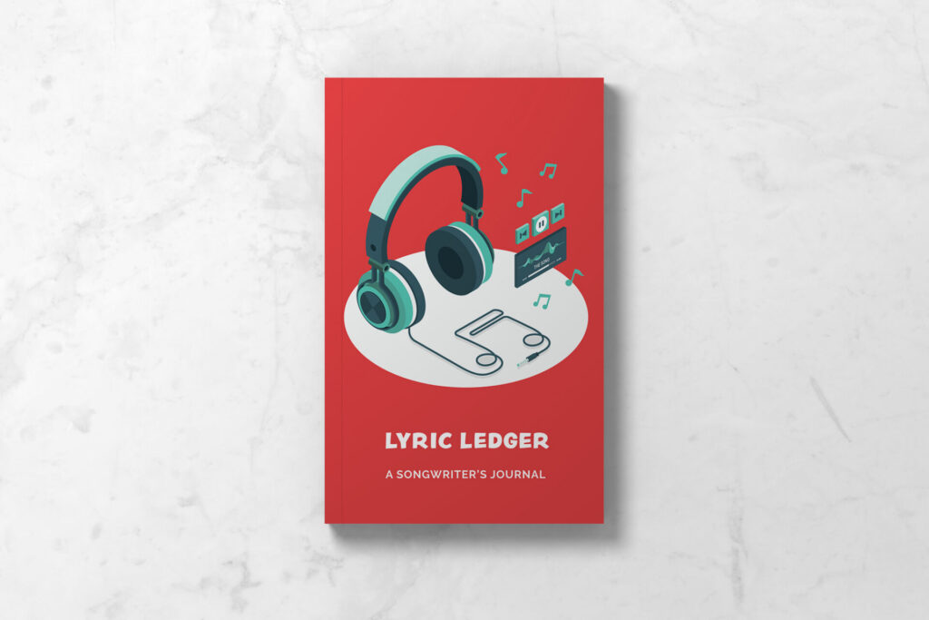 Front cover of Lyric Ledger Songwriter's Journal with red background, aqua headphones, and music notes.
