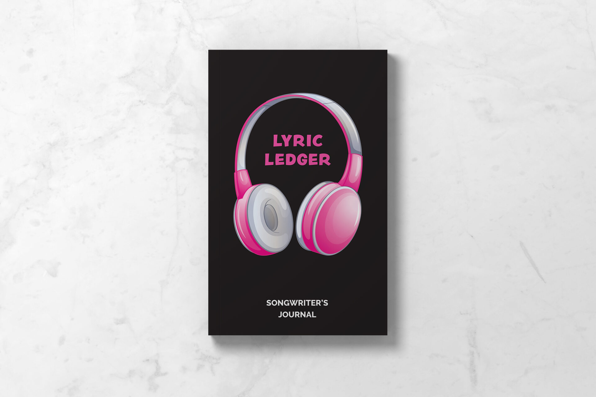 Front cover of Lyric Ledger Songwriter's Journal with black background and pink headphones.