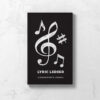 Font cover of Lyric Ledger Songwriter's Journal with black cover and white music notes.