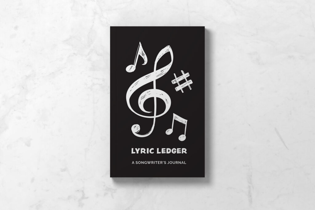 Font cover of Lyric Ledger Songwriter's Journal with black cover and white music notes.