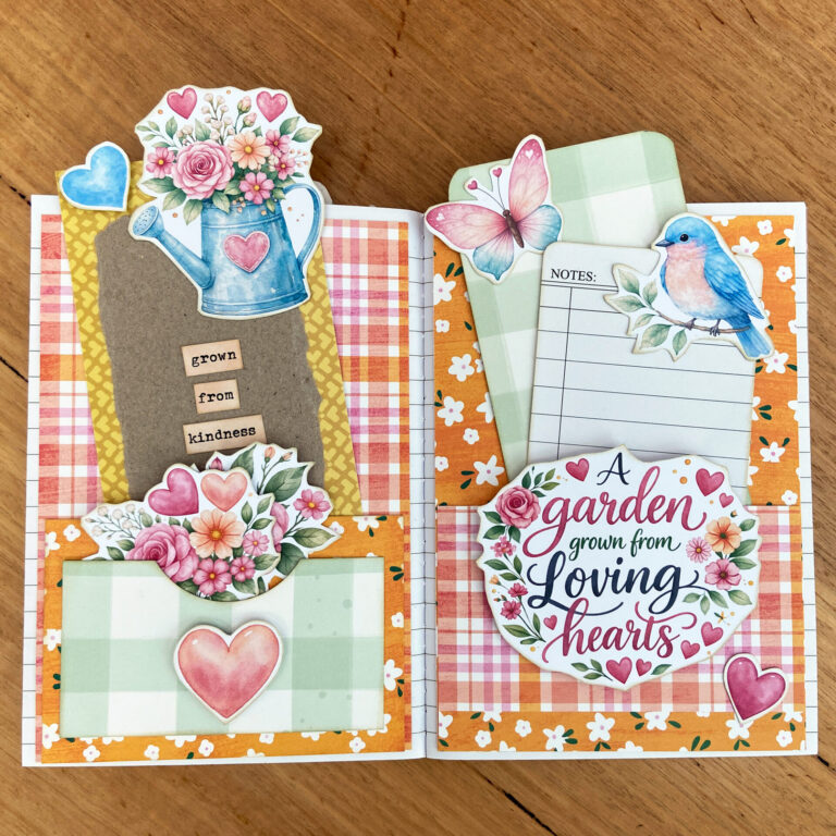 A spread in my Mini BlendBook creative journal featuring layered paper, handmade pockets, journaling cards, and fussy cuts from the free printable.