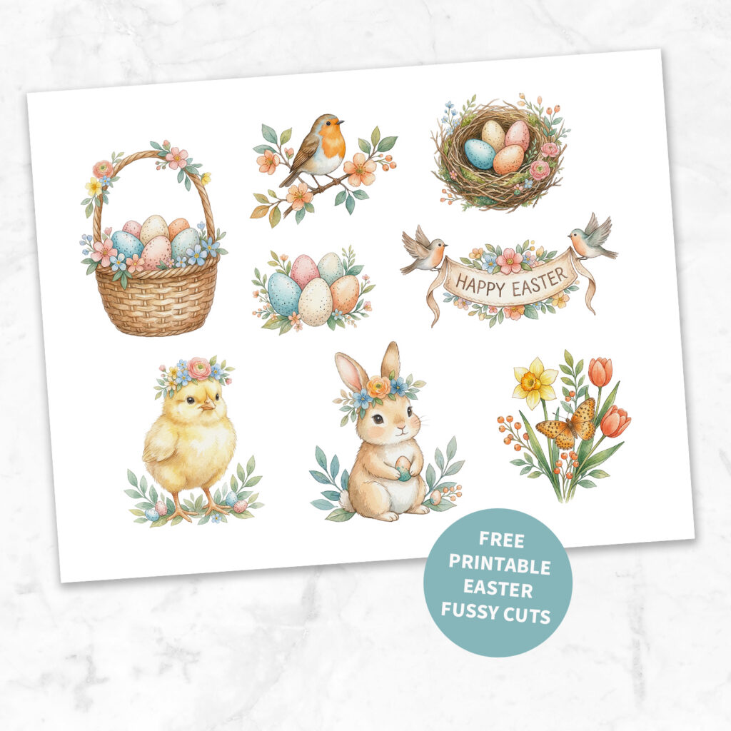 Printable page of Easter themed fussy cuts - easter basket, speckled eggs, whimsical bunny, baby chick with flower crown, flowers, robin, and a happy easter banner.