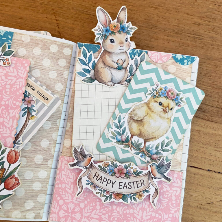 Mini BlendBook Page decorated with an Easter theme - journaling cards embellished with Easter fussy cuts, tucked into a handmade pocket.