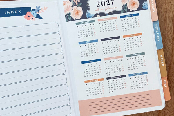 Printable 2027 Yearly Calendar inside journal, with Watercolor Floral Design