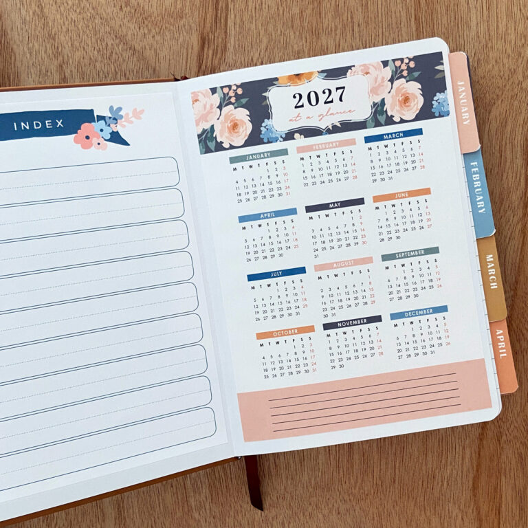 Printable 2027 Yearly Calendar inside journal, with Watercolor Floral Design
