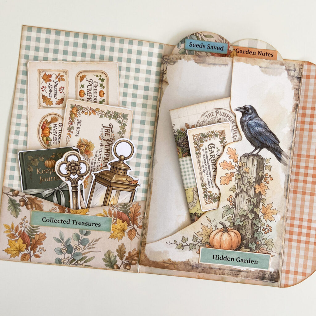 Folio junk journal with pages sewn in and pockets filled with ephemera, from the Pumpkin Conservatory kit.