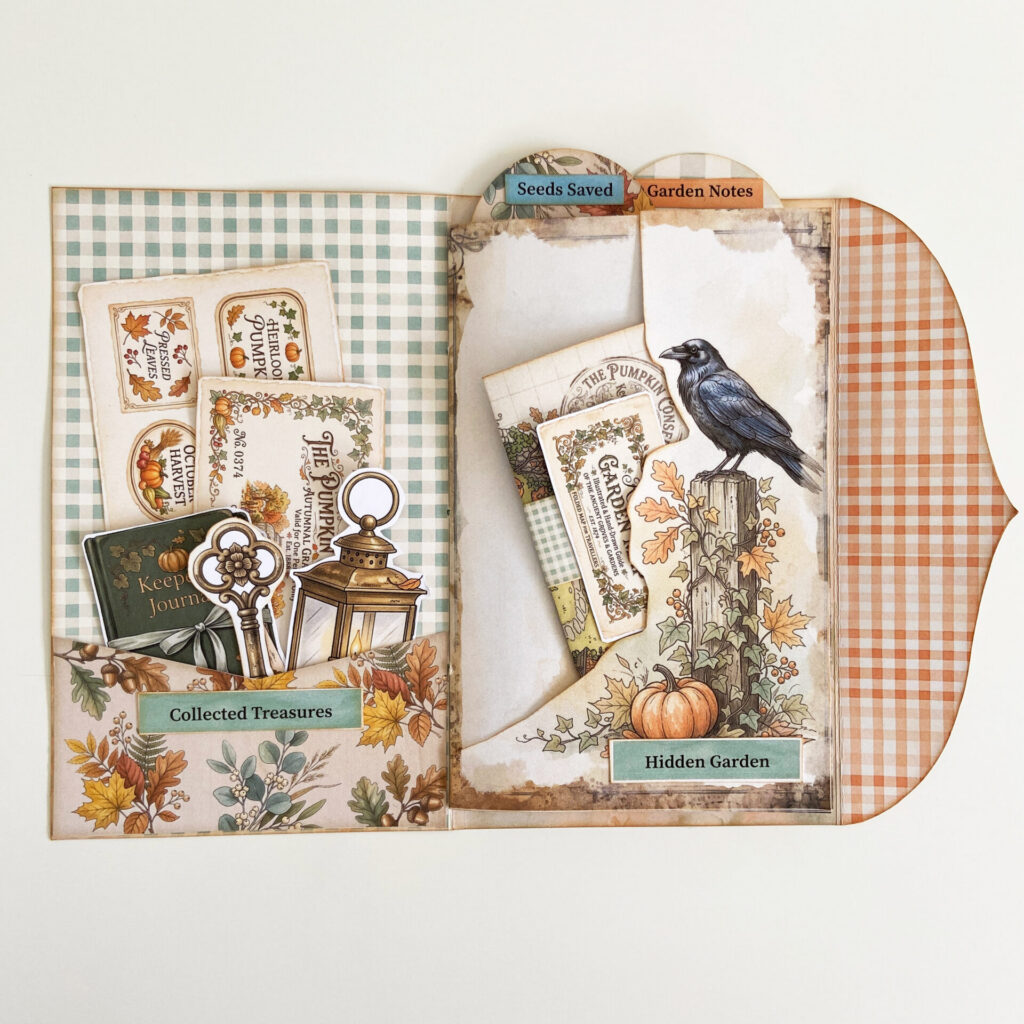 Pumpkin Conservatory Junk Journal folio with pages sewn into the center, and pockets filled with fall ephemera.