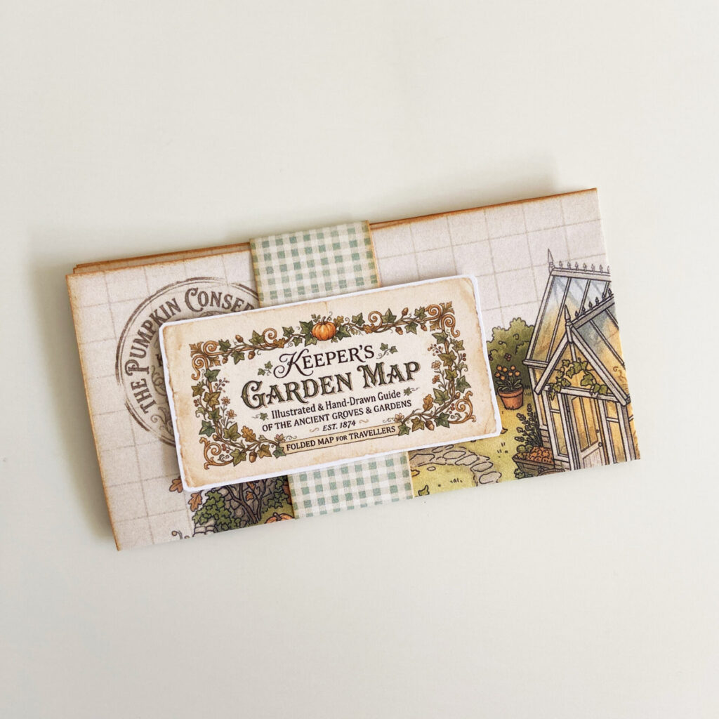 Keepers Garden printable map folded up with a belly band and cute map label.