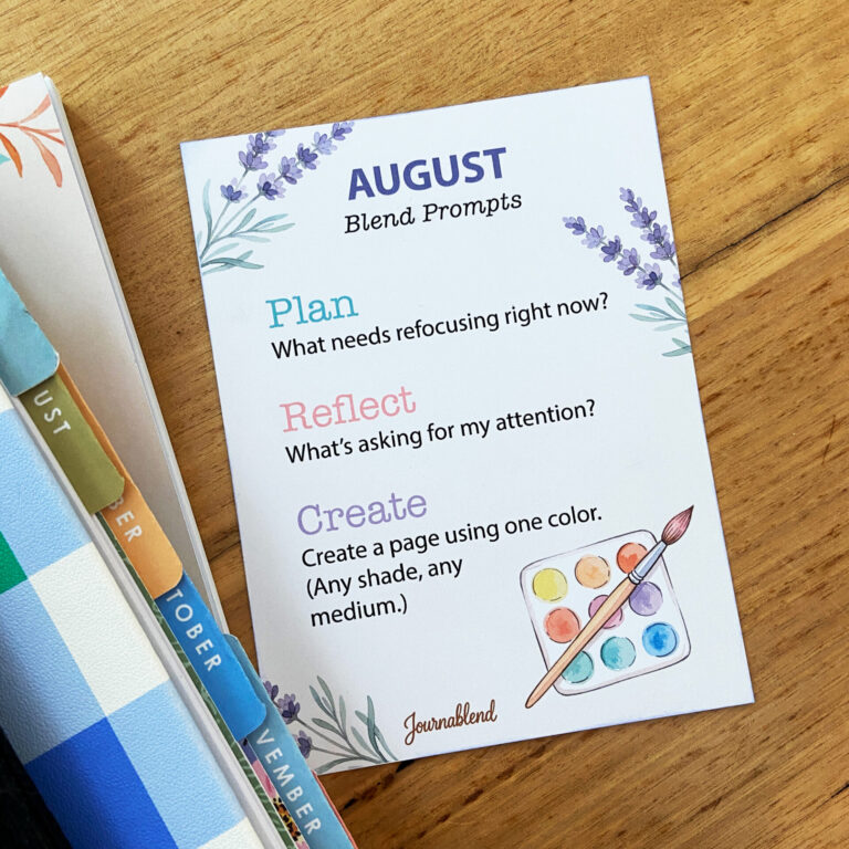 Printable August Journaling Prompts Card with three prompts to help you Plan, Reflect, and Create.