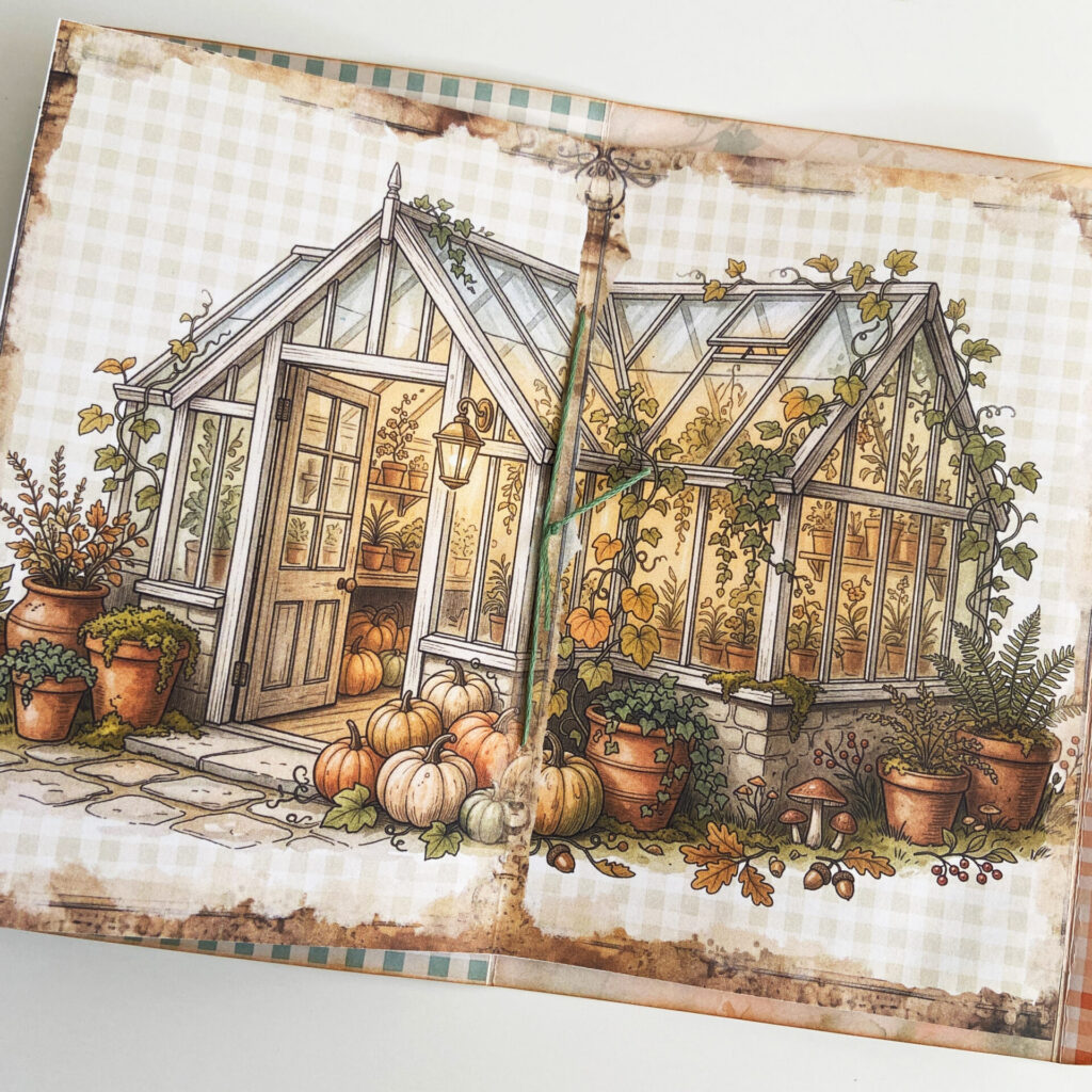 Double page spread inside a Pumpkin Conservatory theme junk journal. The pages are beautifully aged with a watercolor illustration of a little vintage garden conservatory surrounded in pumpkins and pot plants.