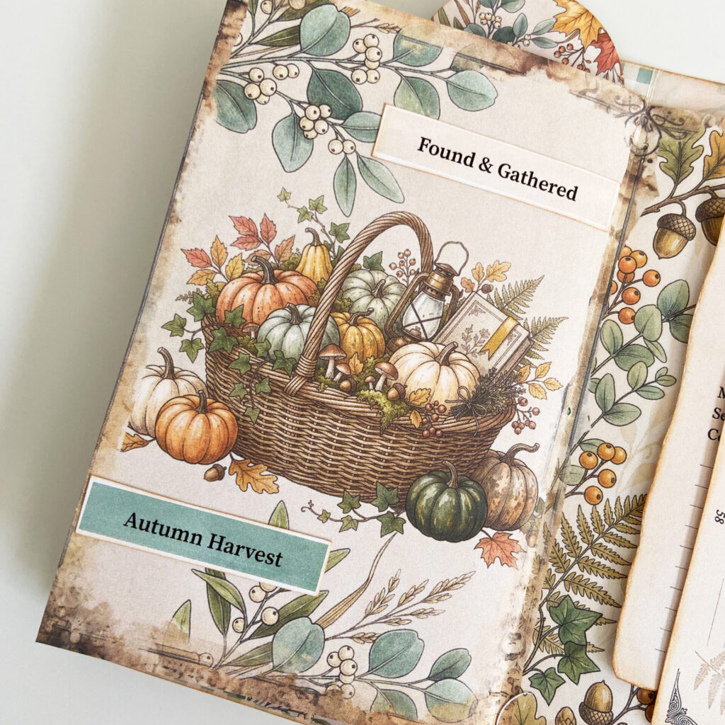 A page inside an autumn junk journal, from the Pumpkin Conservatory collection of printables, featuring a basket of pumpkins, leaves around the page, distressed edges, and word strips added that read "Found & Gathered" and "Autumn Harvest".