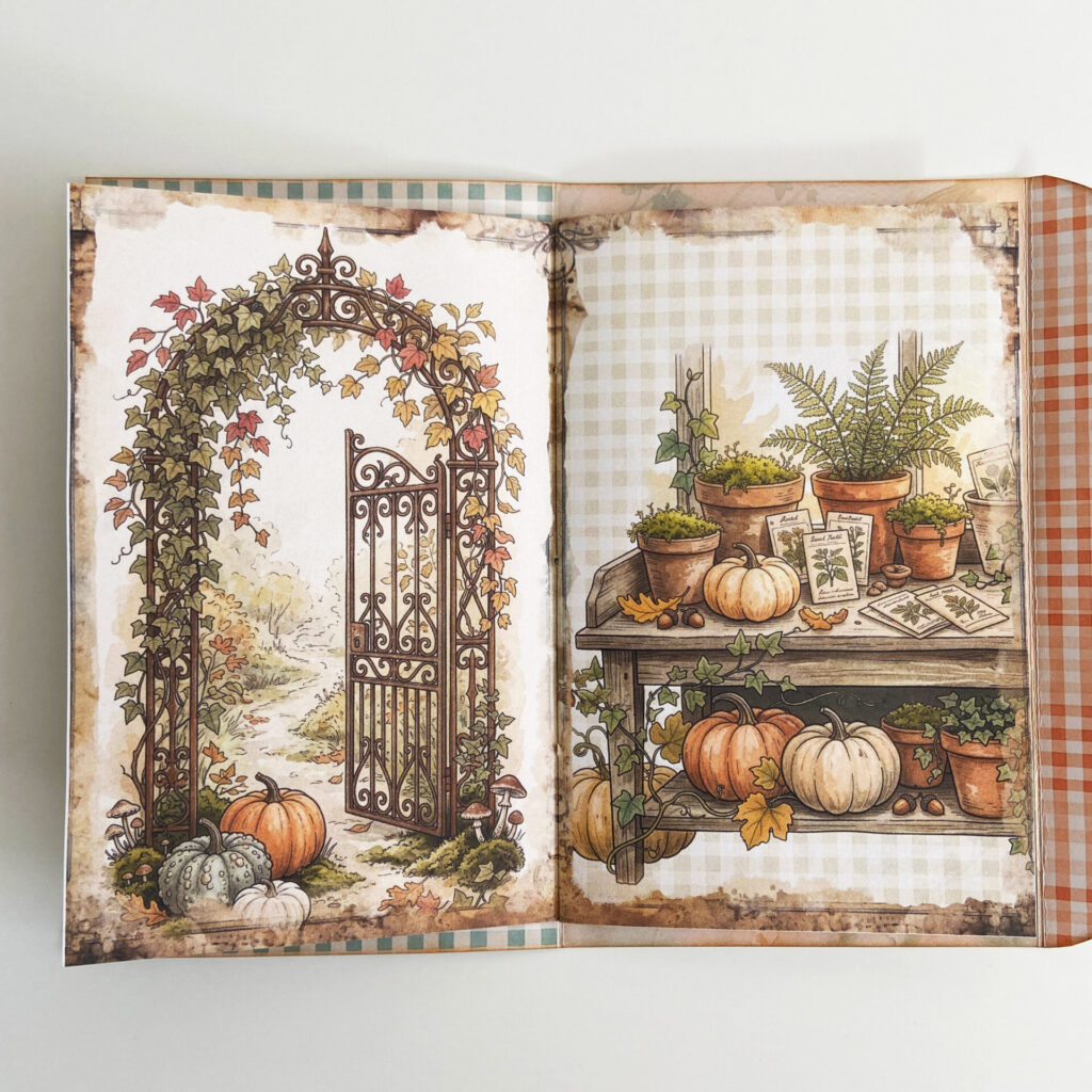 Pumpkin conservatory junk journal pages featuring a garden gate adorned with autumn leaves, and a potting bench over flowing with potted plants and pumpkins.