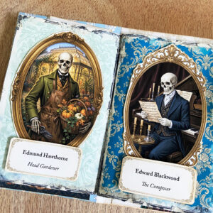A double page spread inside a Victorian gothic halloween folio junk journal, featuring pages with Victorian aged patterns, and Skeleton family antique portraits.