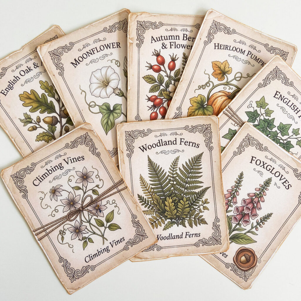 A collection of printable Botanical seed packets that have been printed and cut out.