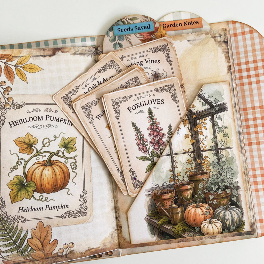 Vintage seed packets inside a journal pocket.