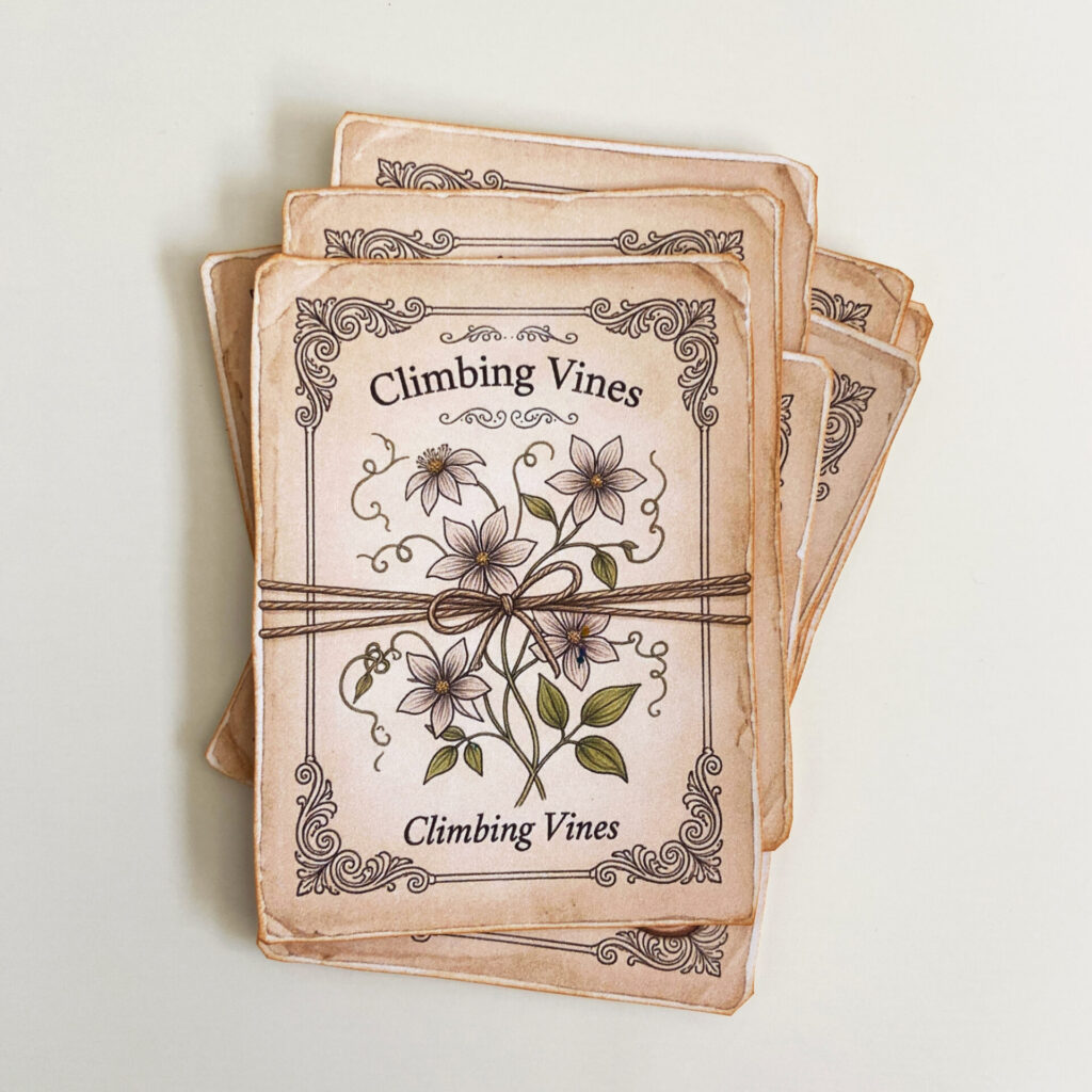 Botanical seed packets in a stack.