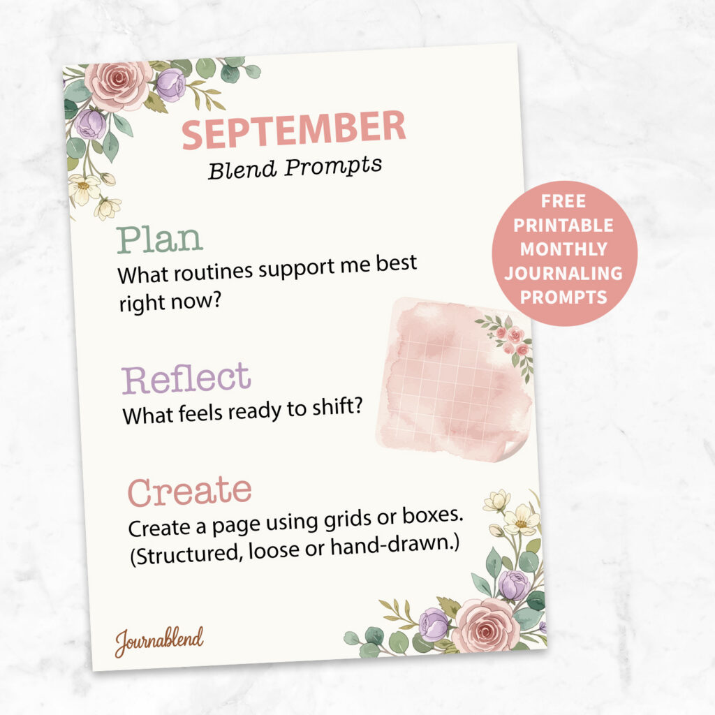 Mockup of the September printable Blend Prompts card featuring 3 journaling prompts for planning, reflection and creativity.