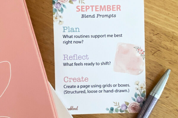 Printable September Journaling Prompts card with floral details and 3 prompts for planning, reflection and creativity.