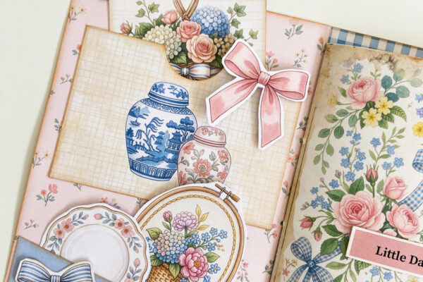 Granny Chic style junk journal with pockets, cards, words and ephemera.