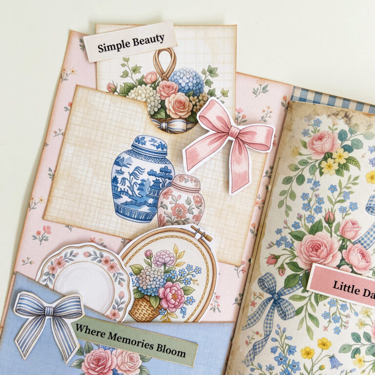 Granny Chic style junk journal with pockets, cards, words and ephemera.