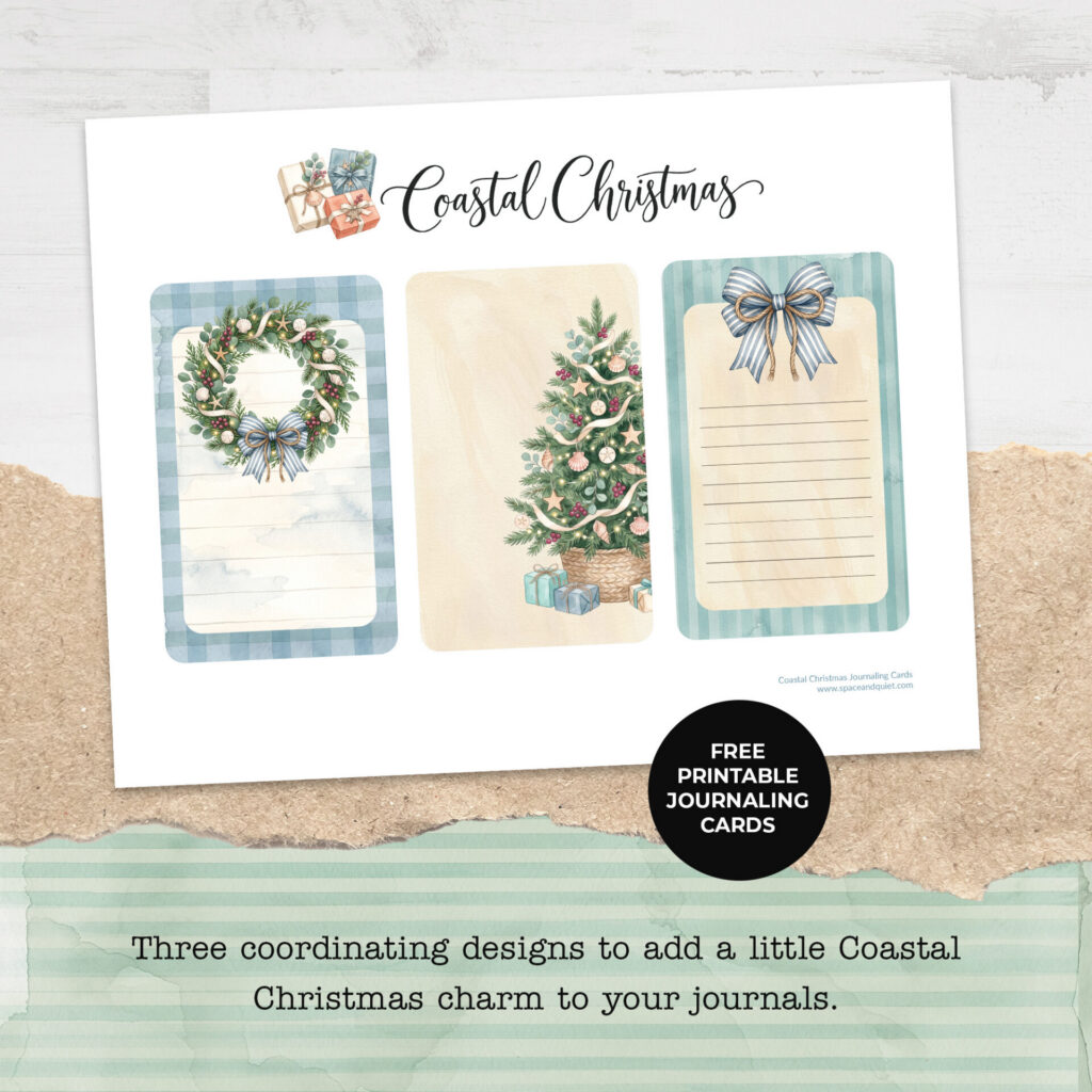 Three free printable journaling cards with a coastal christmas theme featuring seashells, christmas tree, wreath and bow, in dusty blue, warm ivory and sea-glass green.