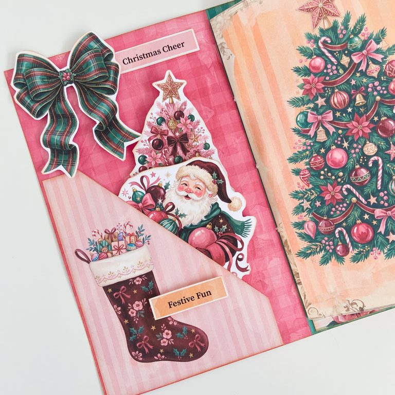 Festive junk journal folio kit with a colourful merrymaxxing christmas style, featuring pages and a pocket filled with fussy cuts