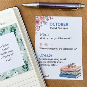 October Blend Prompt card on desk beside dated planner, featuring 3 October journaling prompts