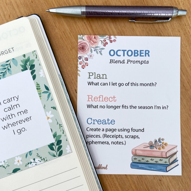 October Blend Prompt card on desk beside dated planner, featuring 3 October journaling prompts